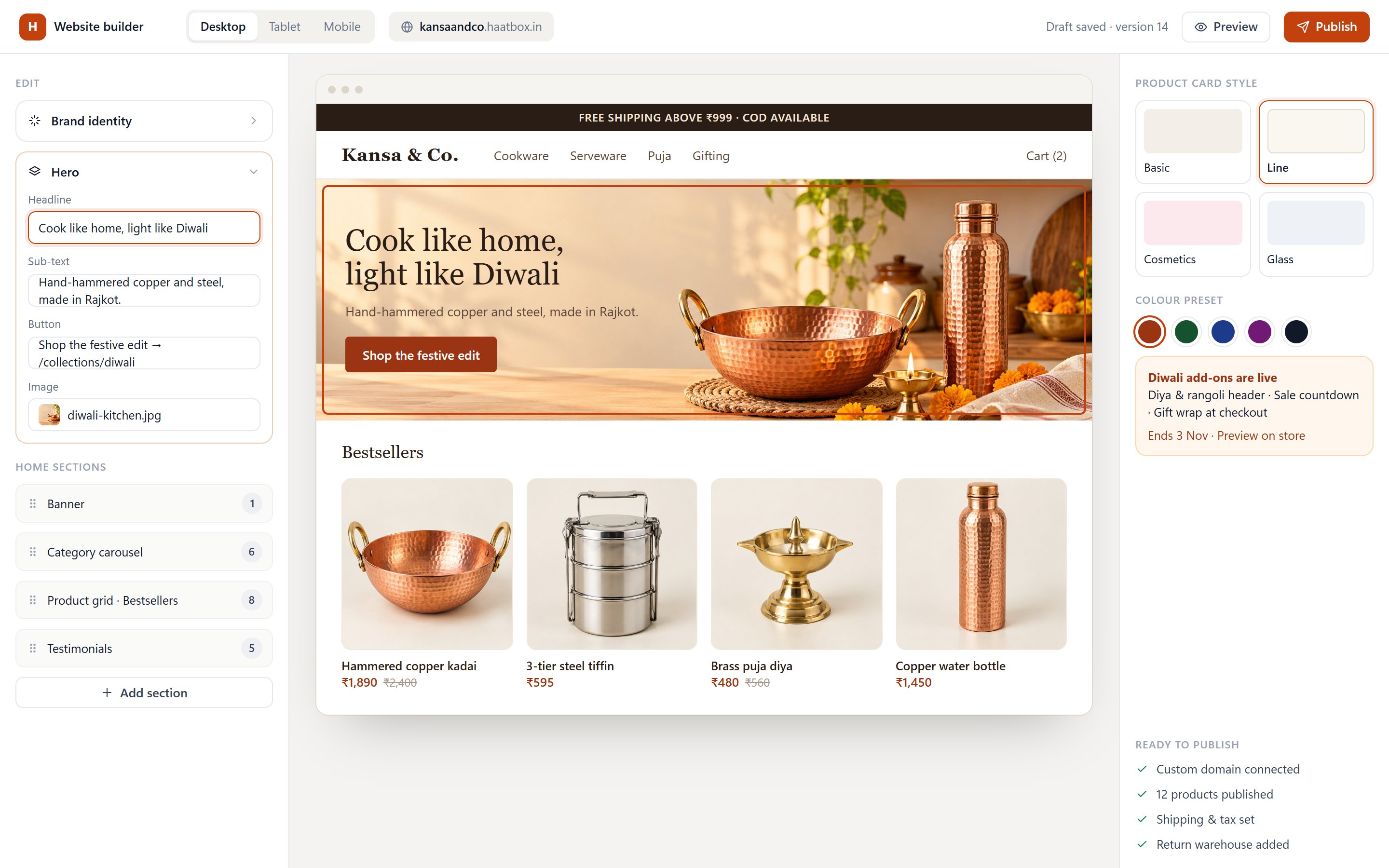 Website builder with brand, hero and home sections beside a live store preview