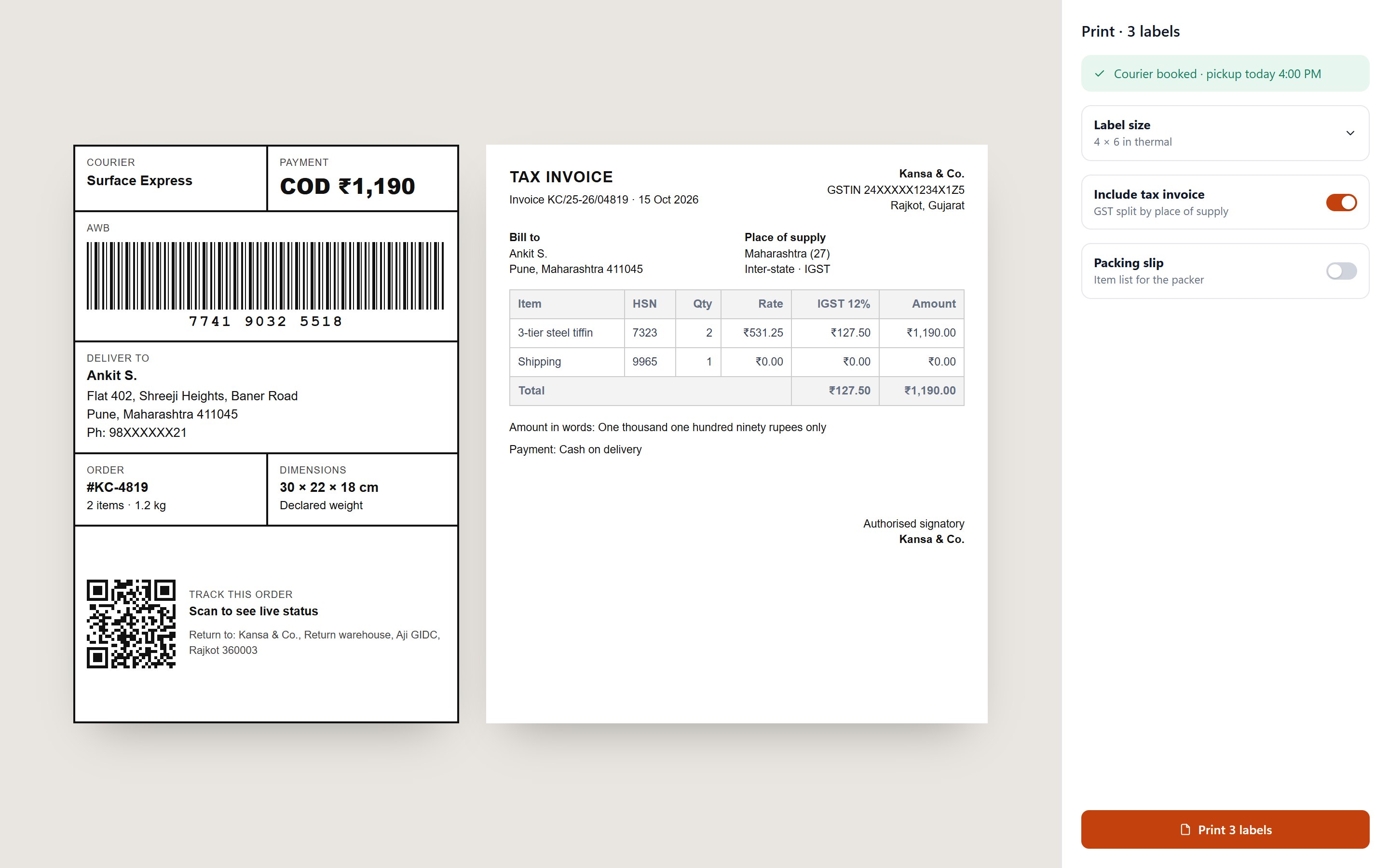 Shipping label with barcode and QR beside a GST tax invoice