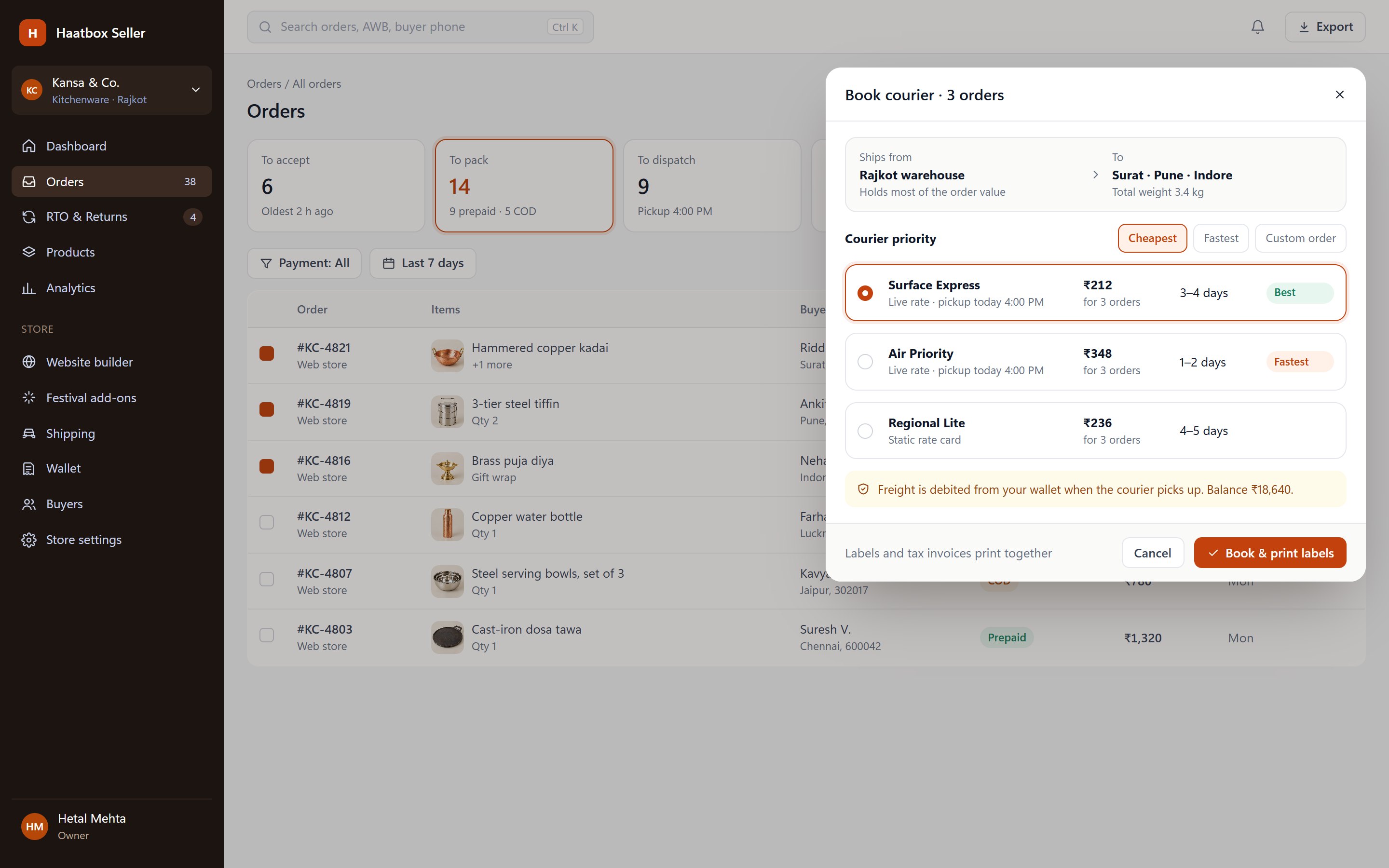 Order stages with a courier booking modal comparing live rates