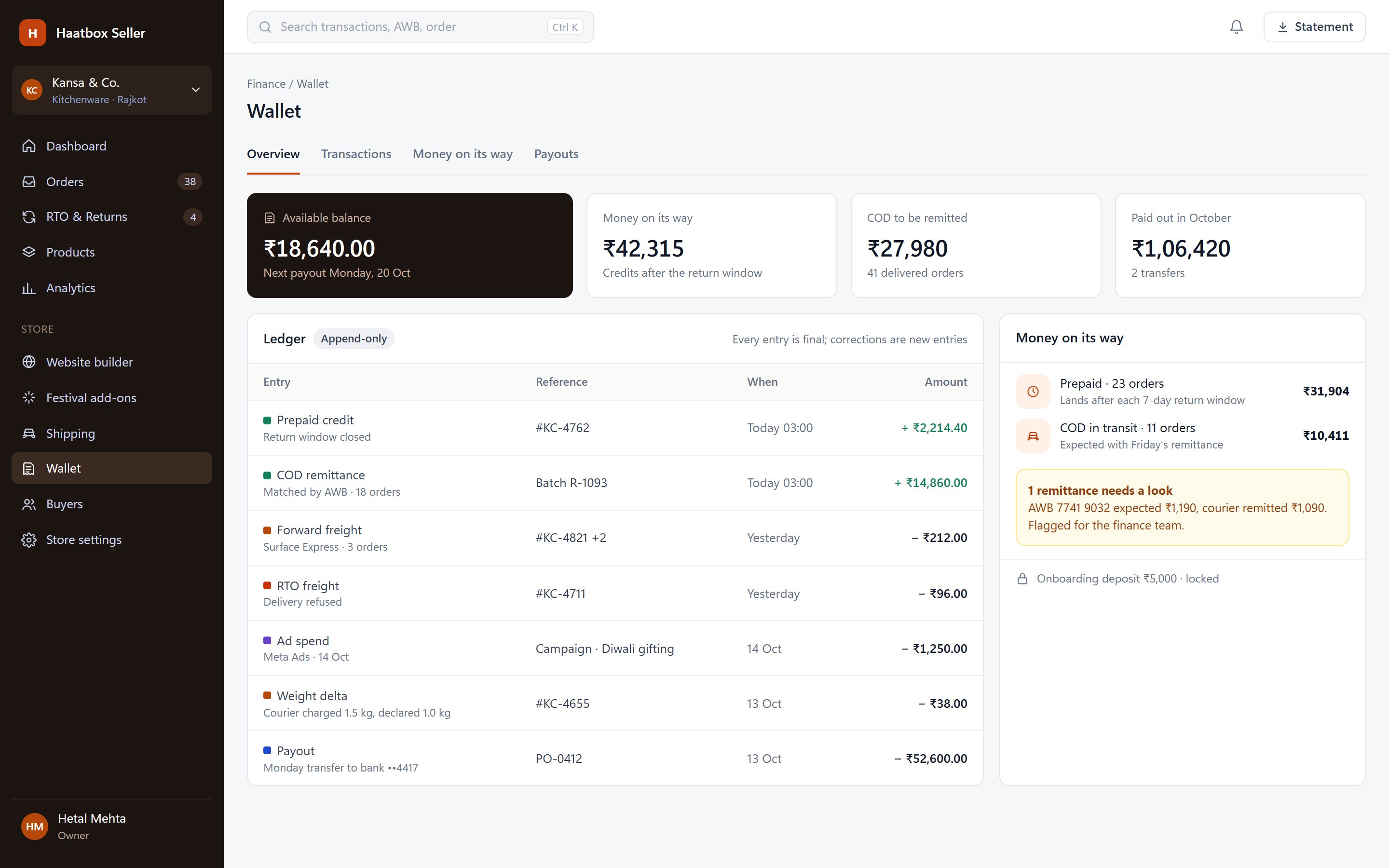 Wallet with balance, money on its way and an append-only ledger