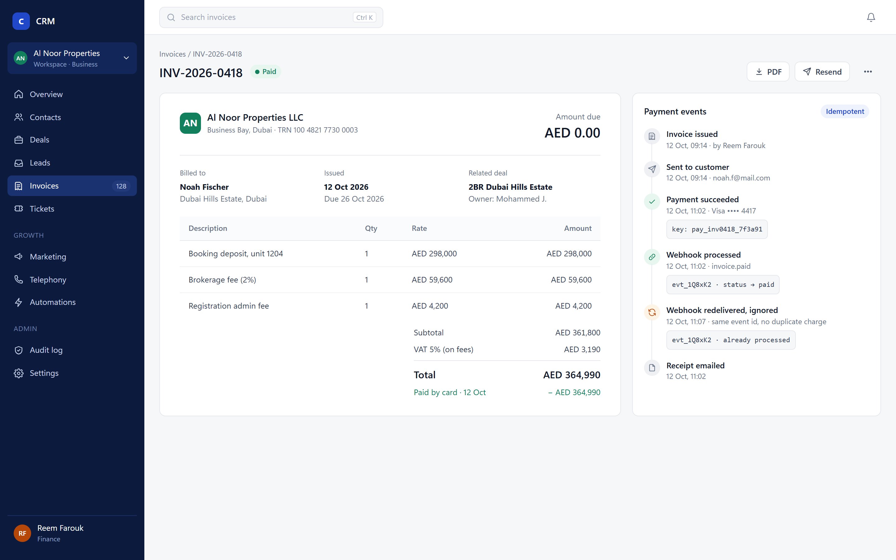 Paid invoice with an idempotent payment event timeline