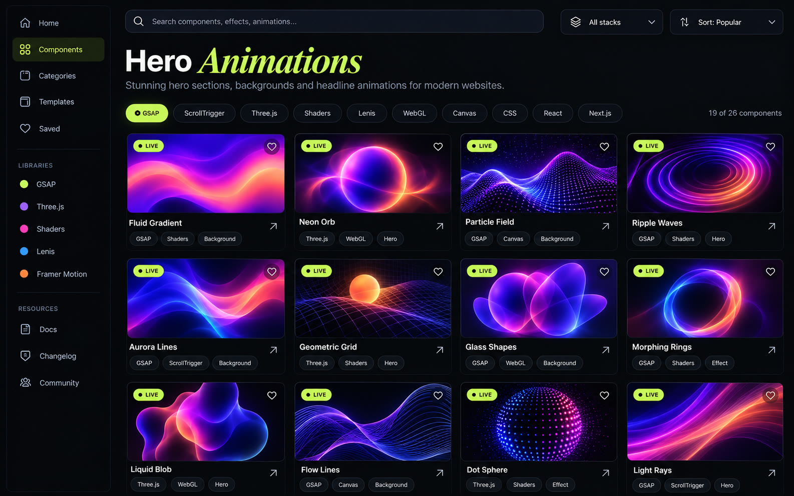 Hero Animations category with library chips, filters and a grid of component cards