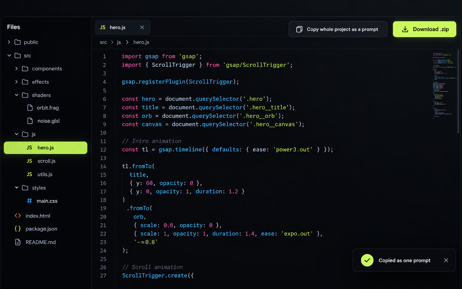 Source viewer with a file tree and highlighted GSAP code, and a copied-as-prompt toast