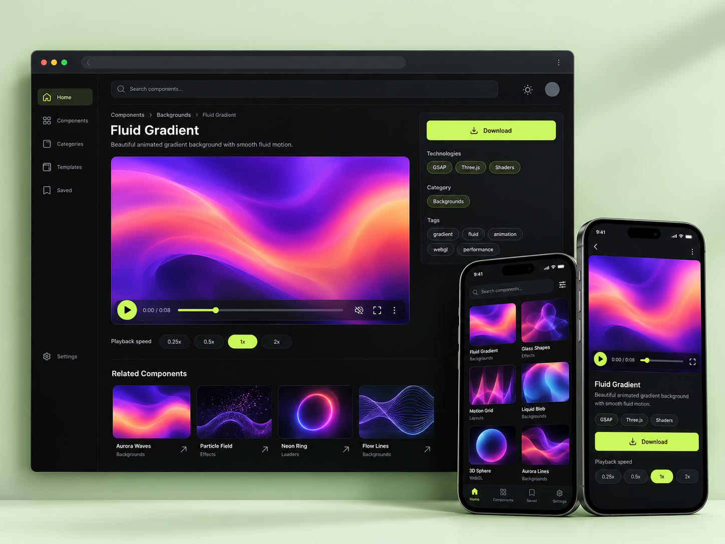 Component detail page with a frame-accurate video player, plus the browse and detail screens on mobile