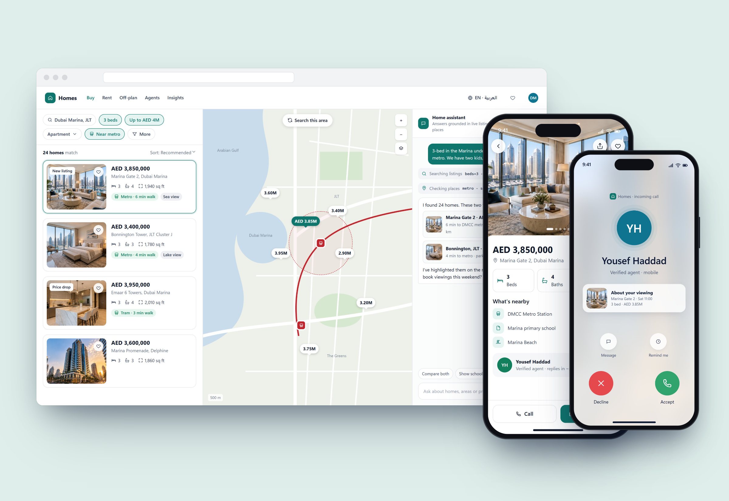 Property search with map and AI assistant, plus the mobile listing and incoming call screens