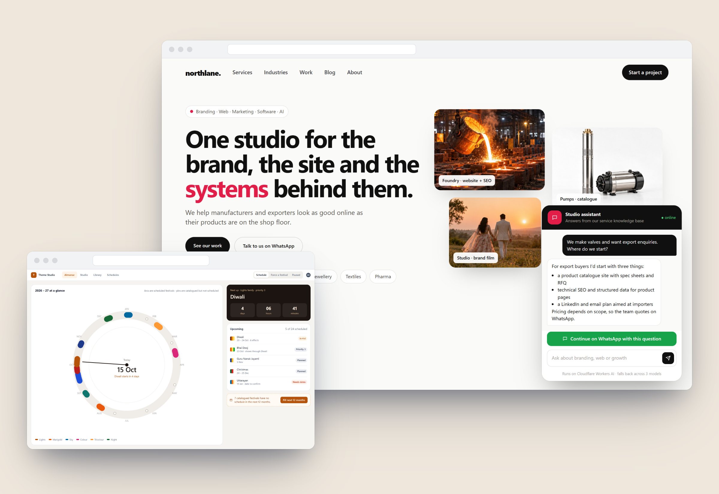 Agency site with its AI assistant open, and the Theme Studio almanac counting down to Diwali